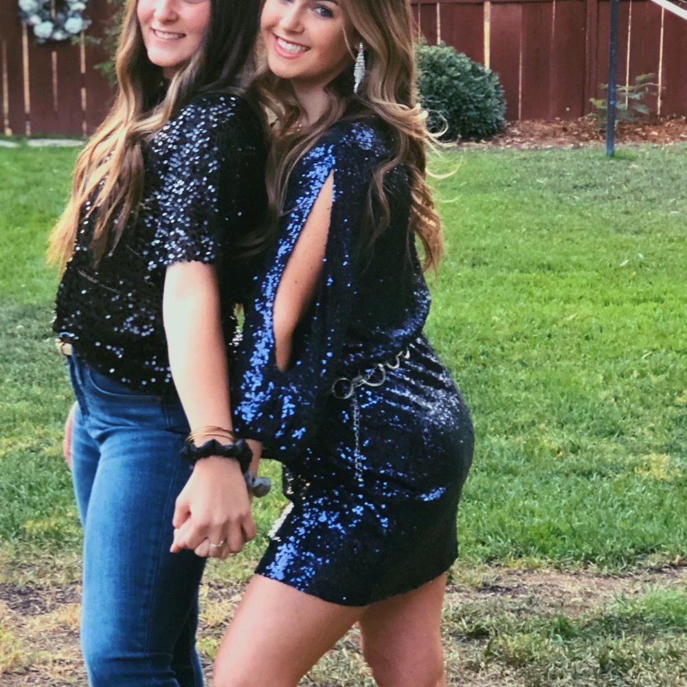 Lulus blue sequin longsleeve cut out arm detail